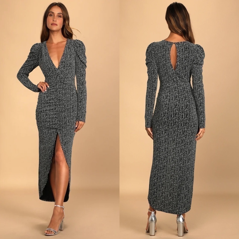 LULUS PARTY GLAM METALLIC BLACK SILVER LONG PUFF SLEEVE KEYHOLE RUCHE MIDI DRESS